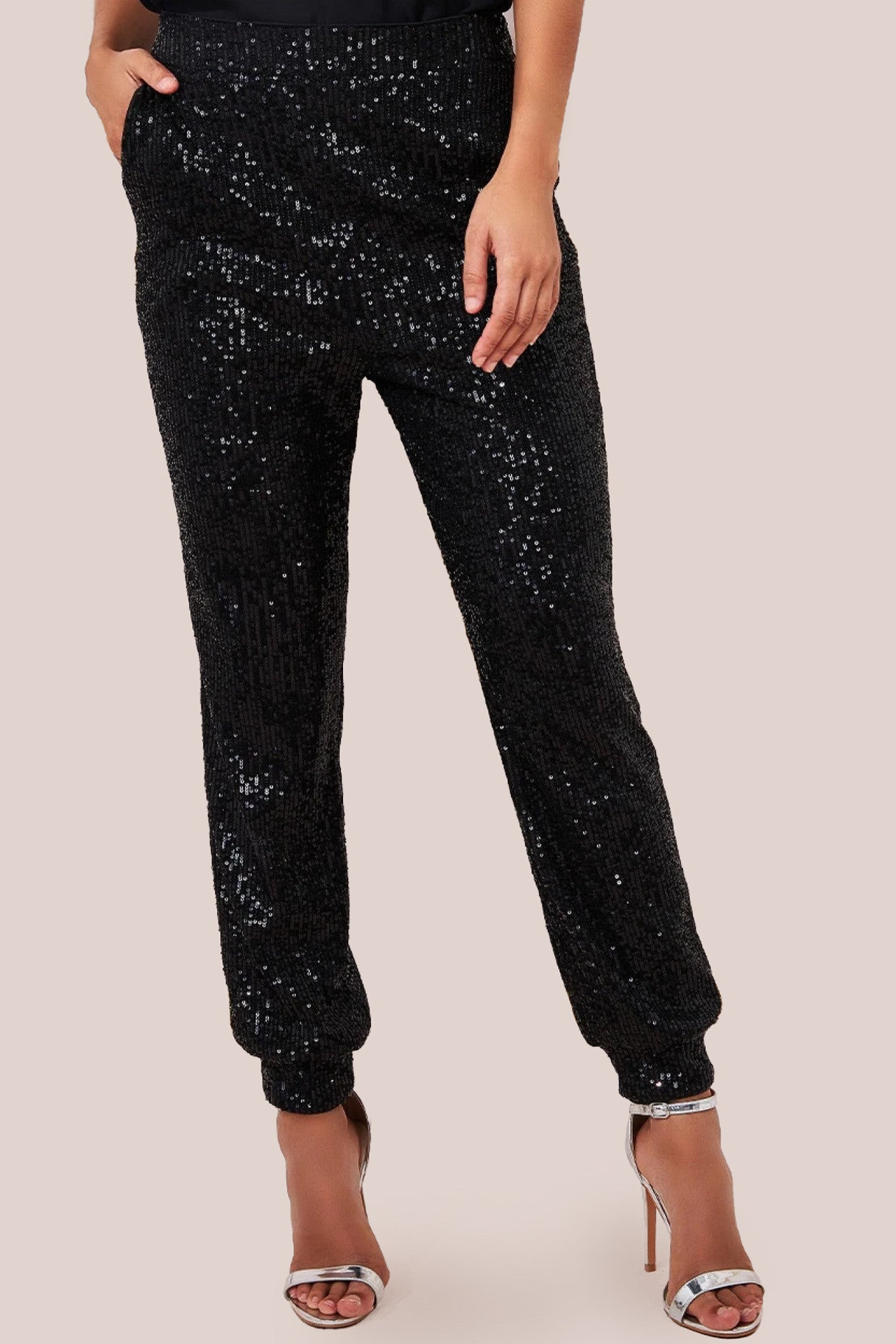 Goddiva Sequin Cuffed Ankle Pant - Black