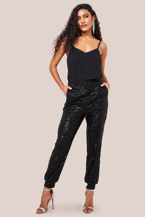 Goddiva Sequin Cuffed Ankle Pant - Black