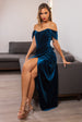 Goddiva Draped Shoulder Velvet Corset Maxi Dress - Teal Blue