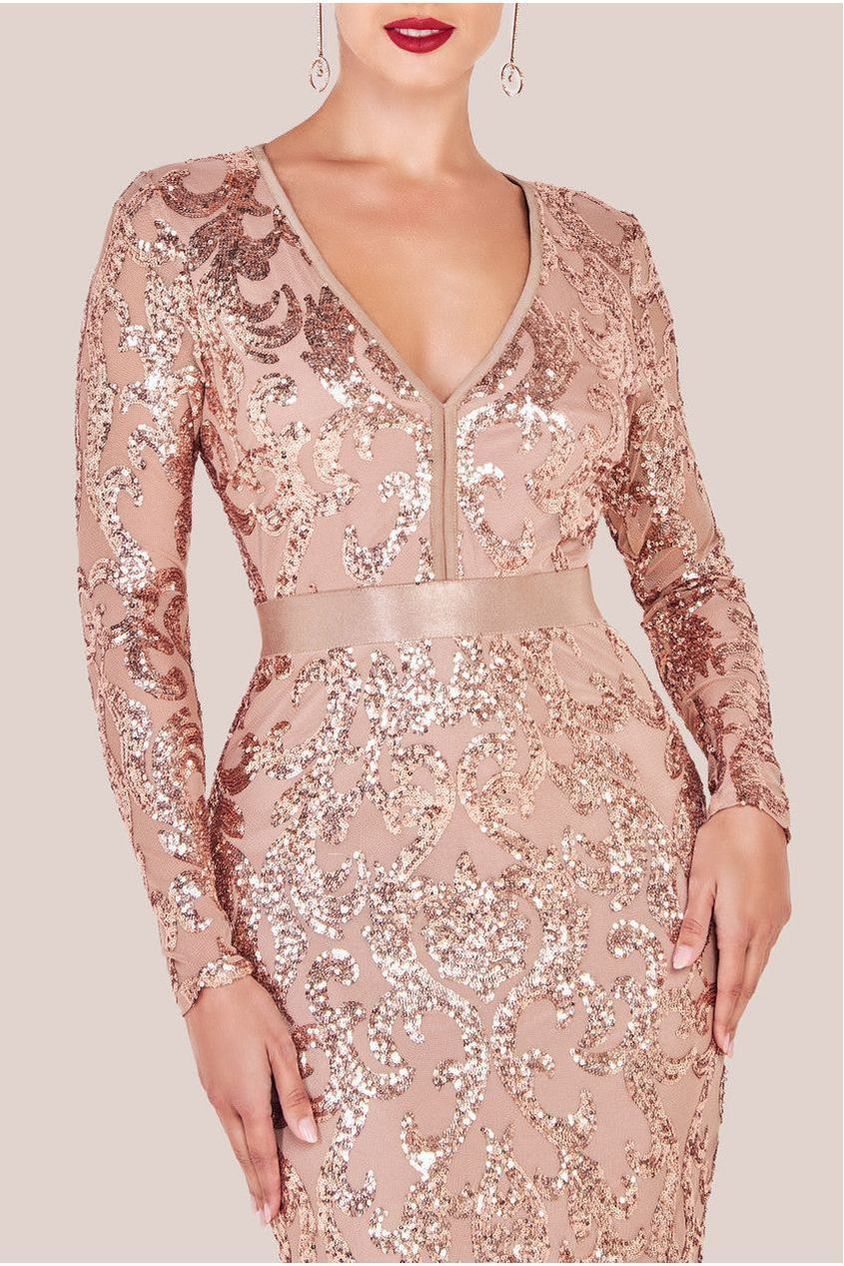 Goddiva Tassel & Sequin Maxi With Front Split - Champagne