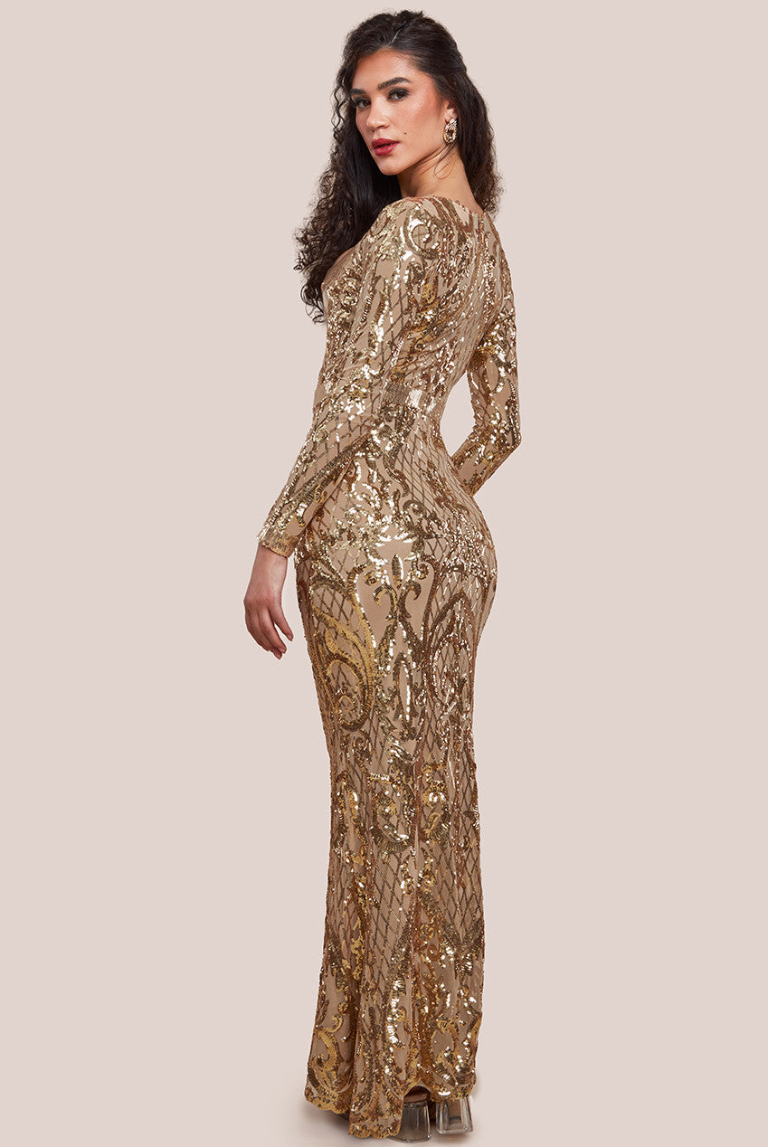 Goddiva Sequin Square Neck Maxi With Scallop Hem - Gold