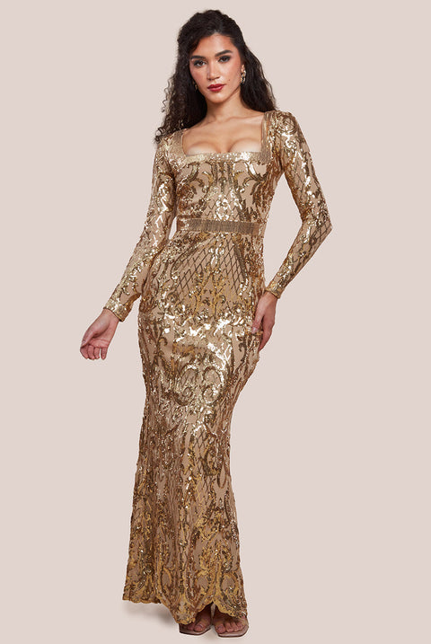 Goddiva Sequin Square Neck Maxi With Scallop Hem - Gold