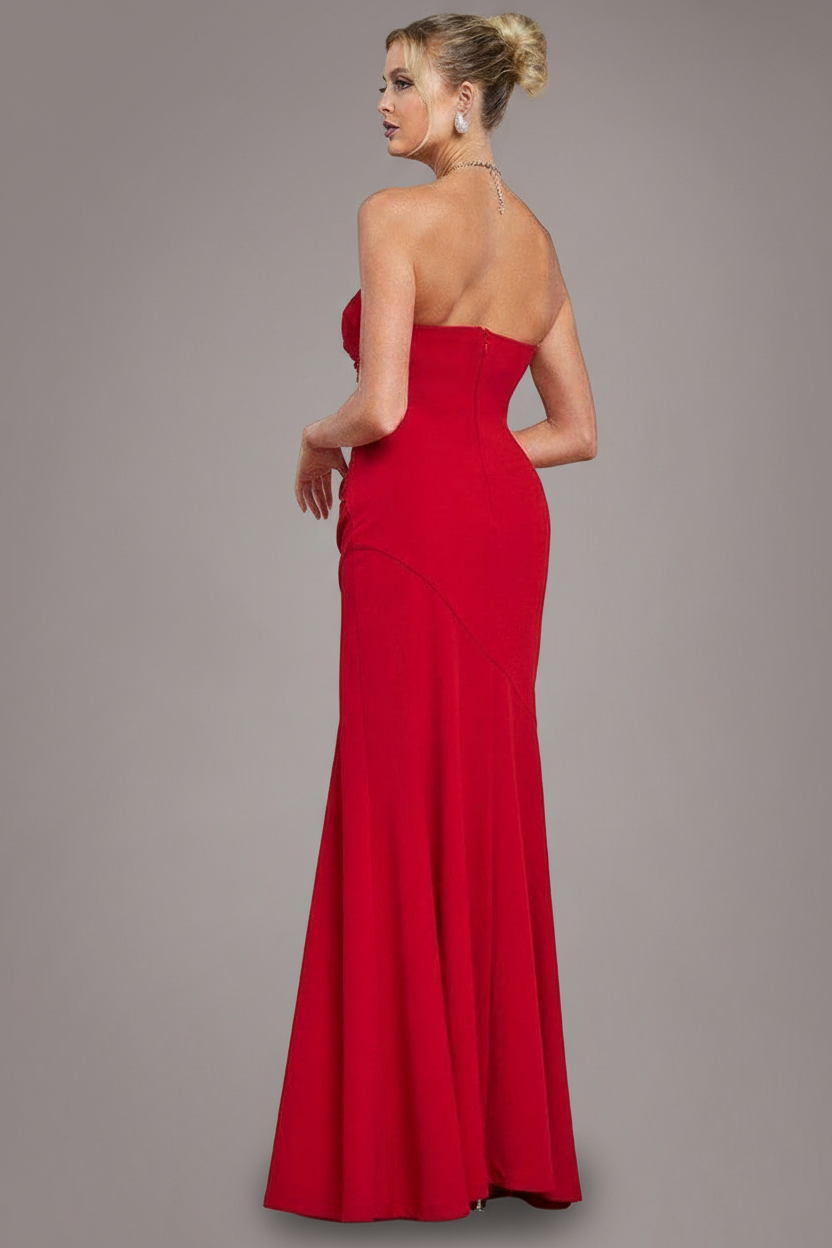 Goddiva Scuba Crepe Bandeau Maxi With Diamante Necklace - Red
