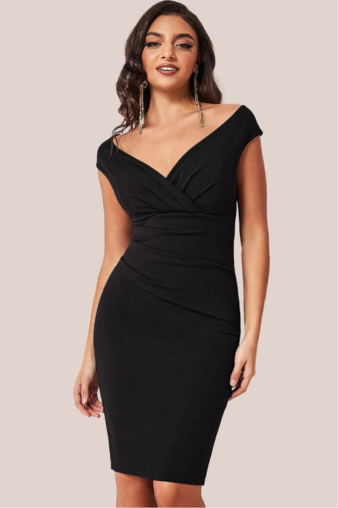 Goddiva Bardot Pleated Midi Dress - Black