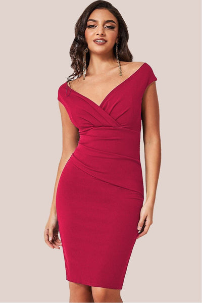 Wine - Goddiva Bardot Pleated Midi Dress - Wine