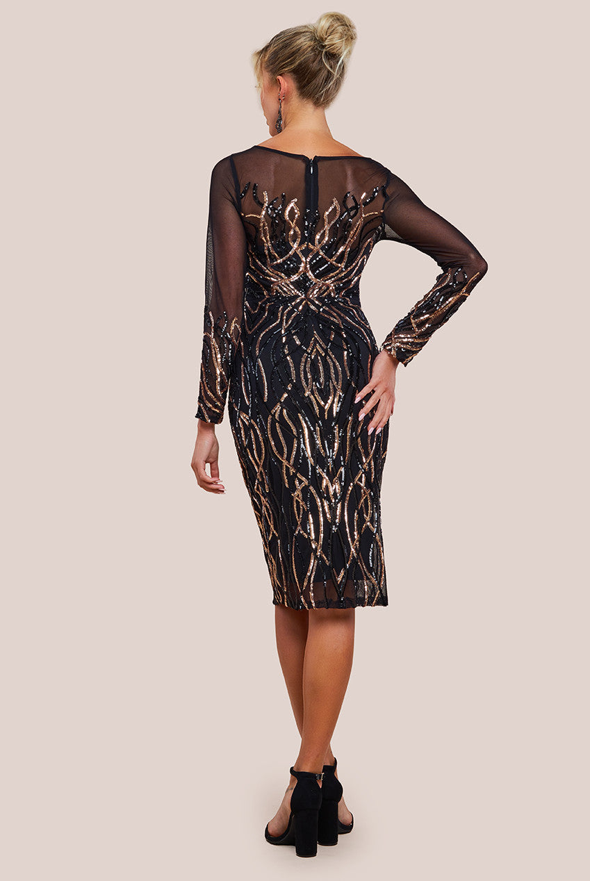 Goddiva Long Sleeve Sequin Flame Midi Dress - Black