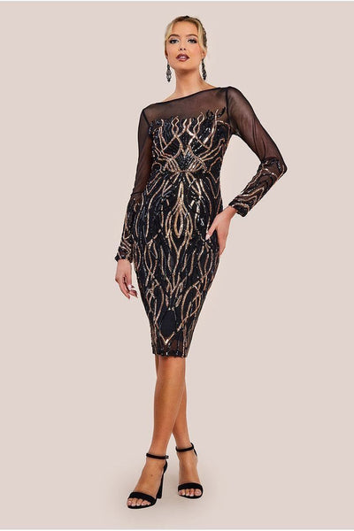 Black - Goddiva Long Sleeve Sequin Flame Midi Dress - Black