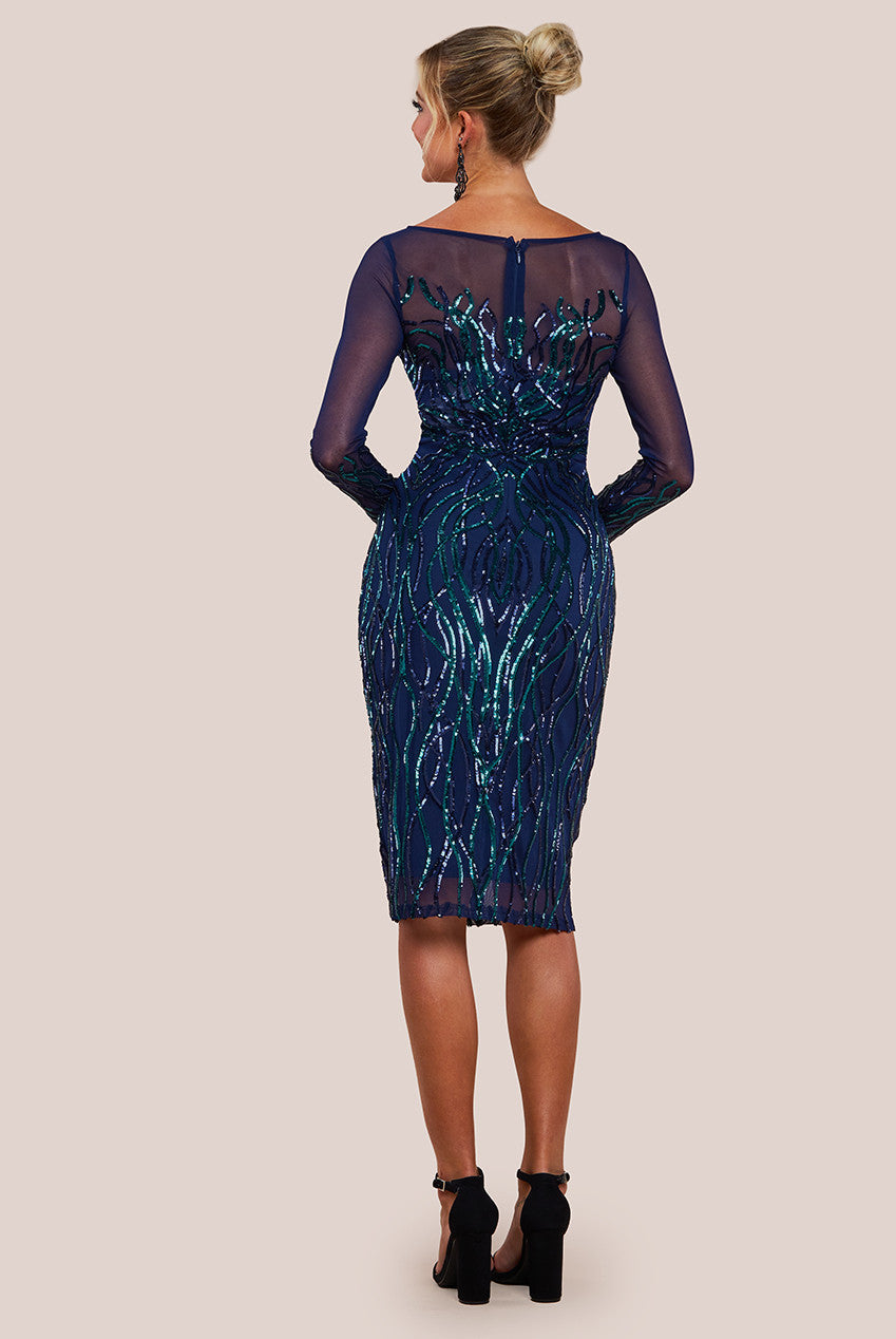 Goddiva Long Sleeve Sequin Flame Midi Dress - Navy