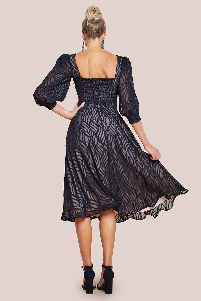 Goddiva Puff Sleeve Side Slit Flared Jacquard Chiffon Midi Dress - Black