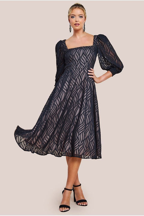 Goddiva Puff Sleeve Side Slit Flared Jacquard Chiffon Midi Dress - Black