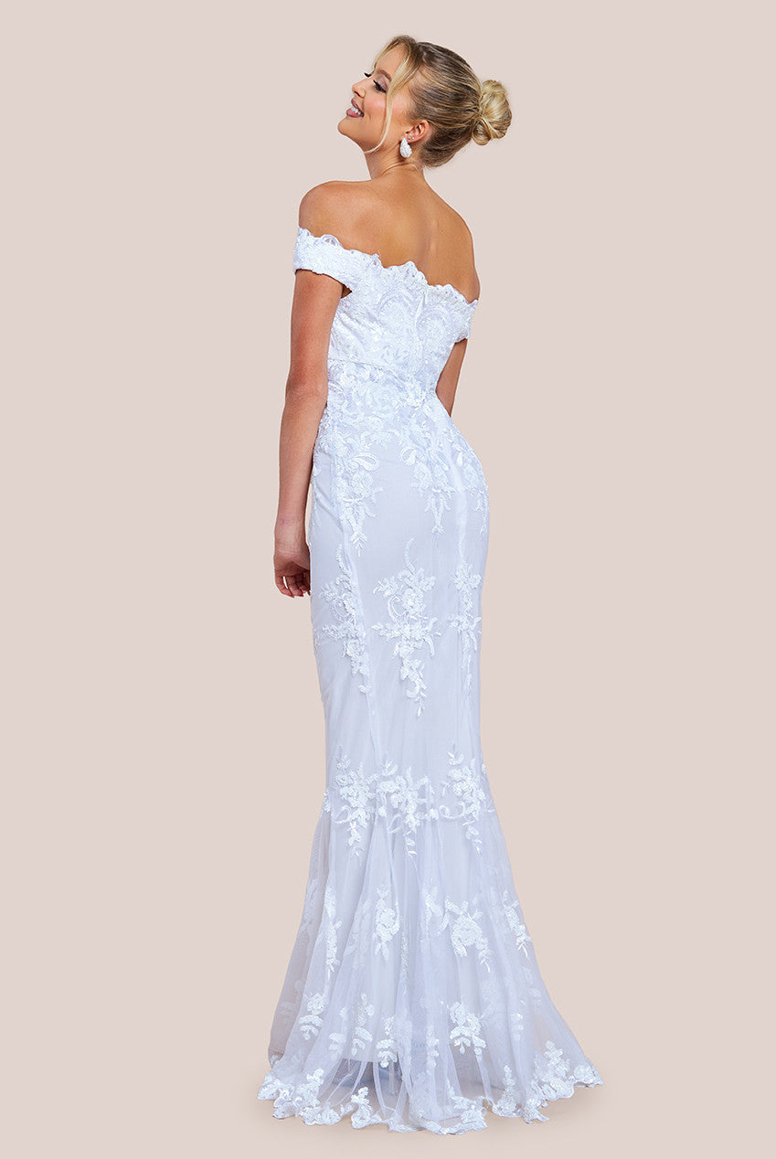 Goddiva Bardot Sequin Embroidered Maxi Dress - White