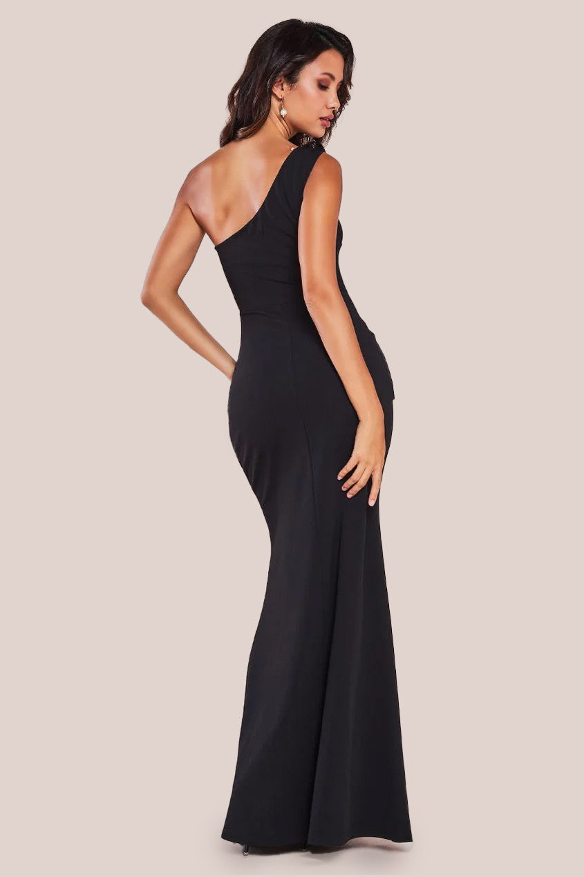 Goddiva One Shoulder Pleated Fan Maxi Dress - Black