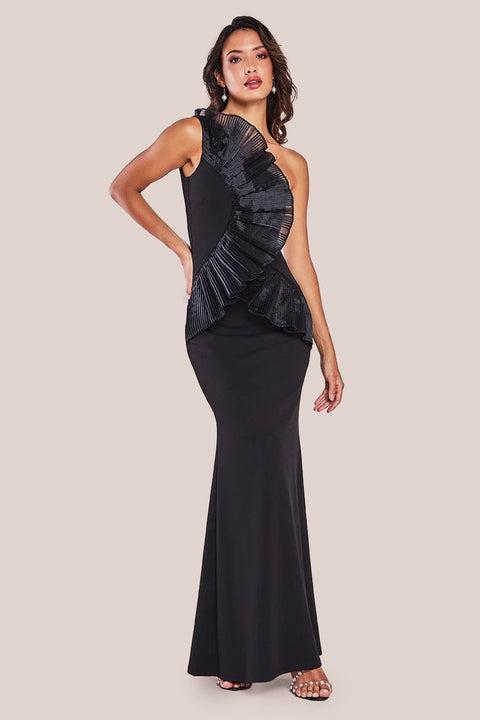 Goddiva One Shoulder Pleated Fan Maxi Dress - Black