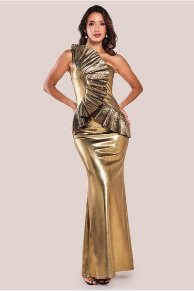 Gold - Goddiva One Shoulder Pleated Fan Maxi Dress - Gold
