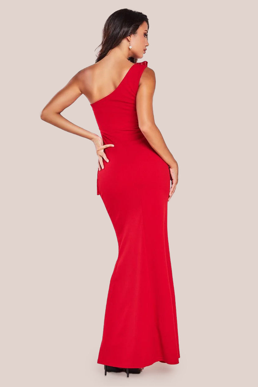 Goddiva One Shoulder Pleated Fan Maxi Dress - Red