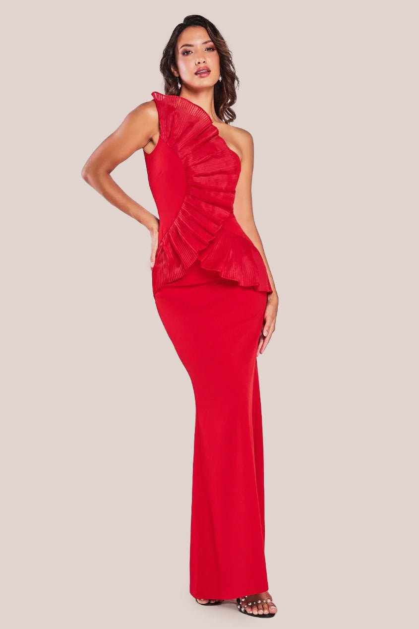 Goddiva One Shoulder Pleated Fan Maxi Dress - Red