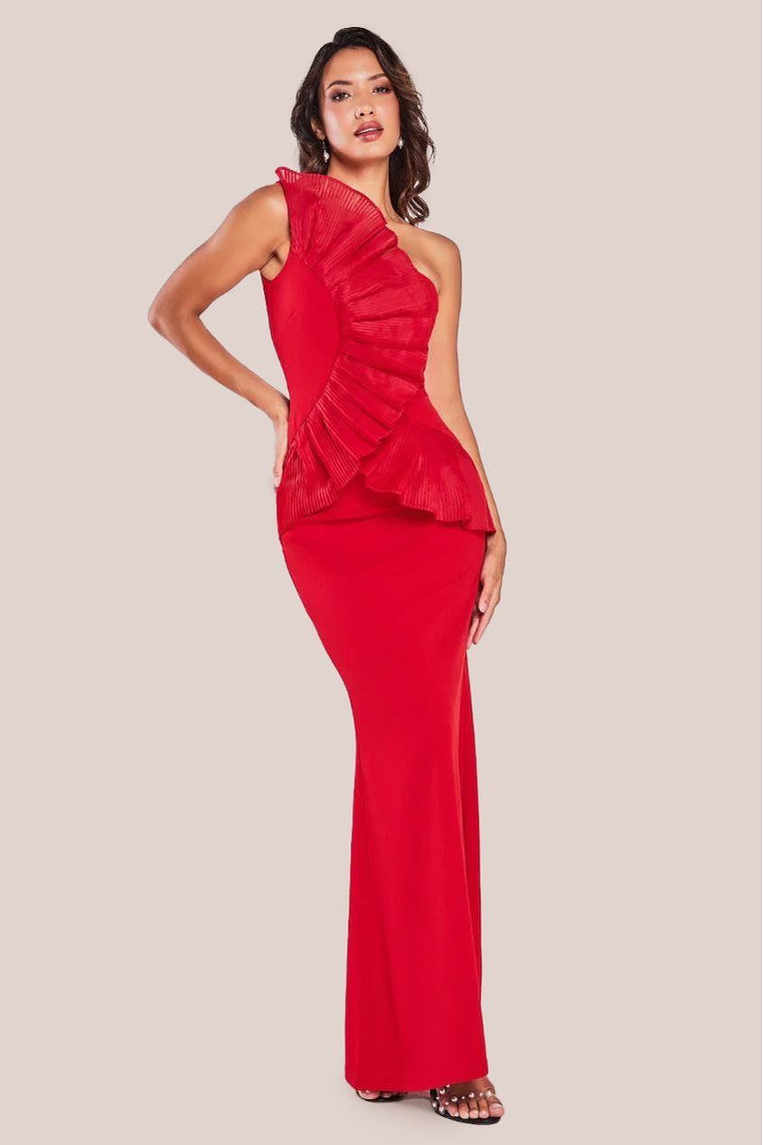 Goddiva One Shoulder Pleated Fan Maxi Dress - Red
