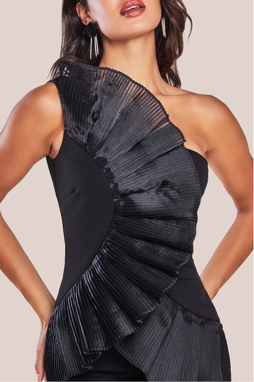 Goddiva One Shoulder Pleated Fan Midi Dress - Black