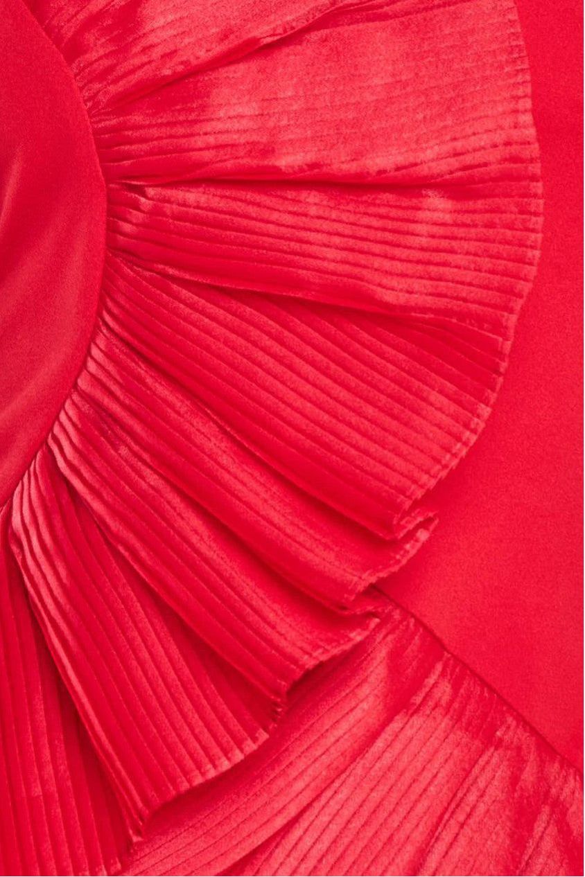 Goddiva One Shoulder Pleated Fan Midi Dress - Red