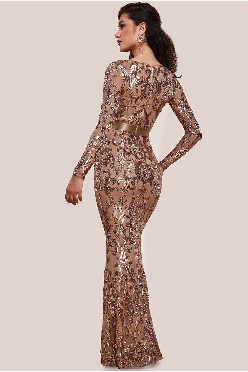 Goddiva Embroidered Sequin & Mesh Maxi Dress - Champagne