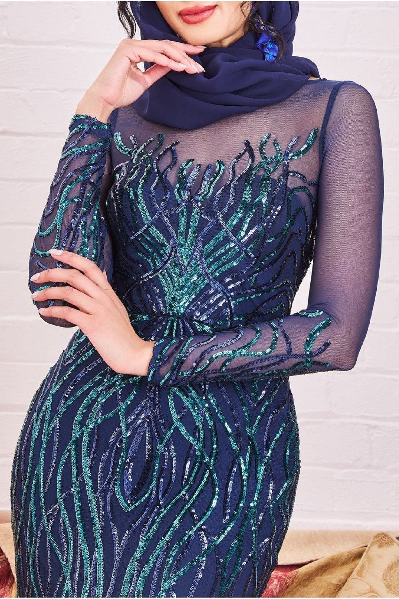 Goddiva Modesty Sequin Flame Maxi Dress - Navy