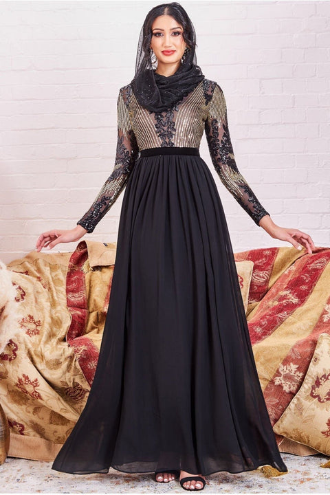 Goddiva Modesty Sequin Mesh Bodice Maxi Dress - Black