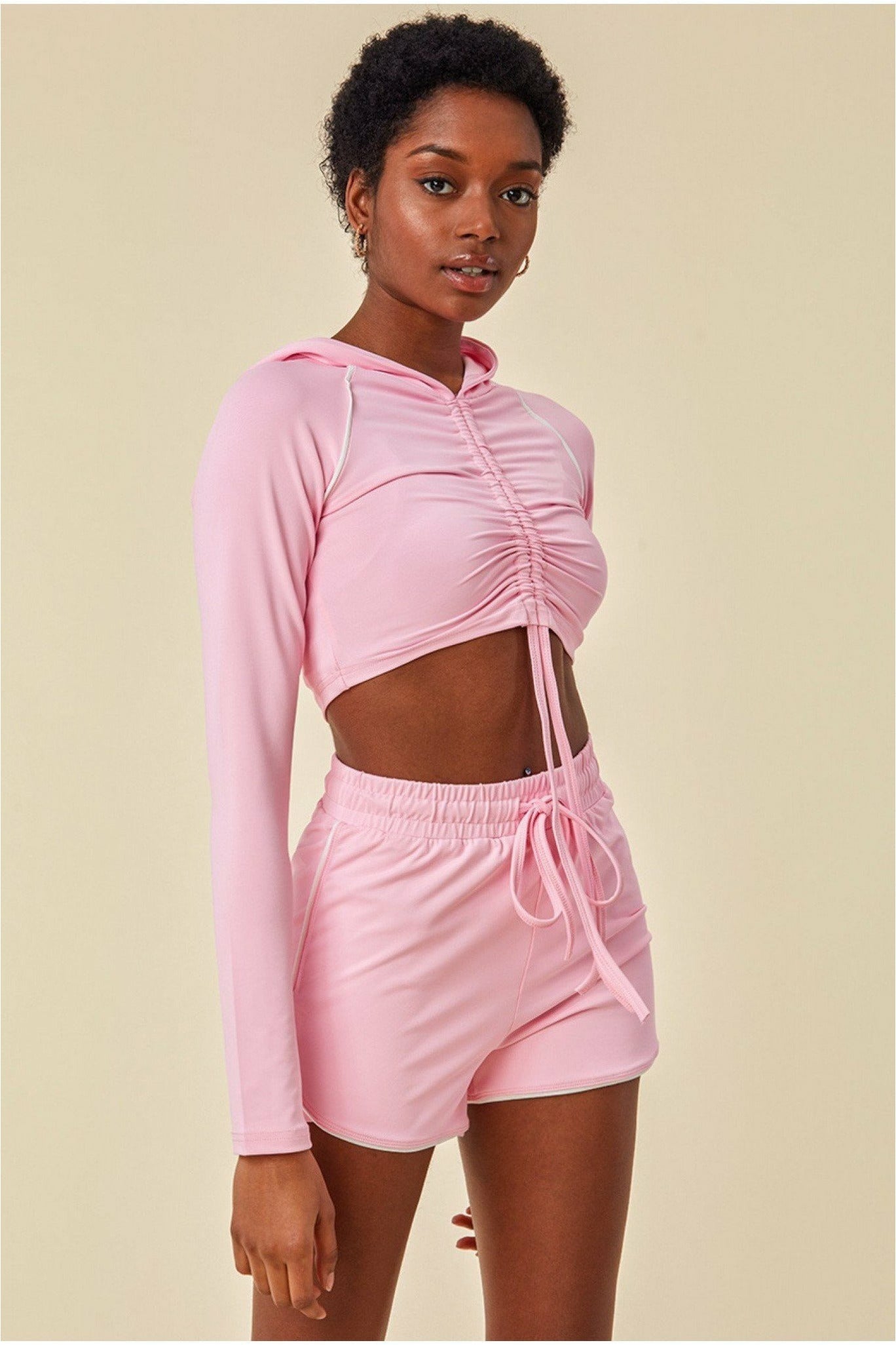 Cosmochic Jersey Short Set With Drawstring Top - Pink