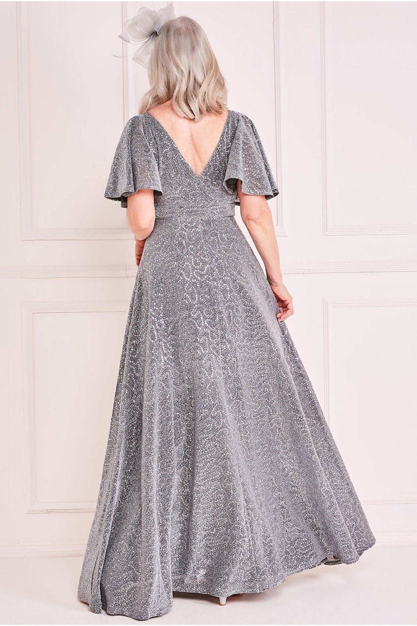 Goddiva Lurex Sequin Flutter Sleeve Maxi - Silver