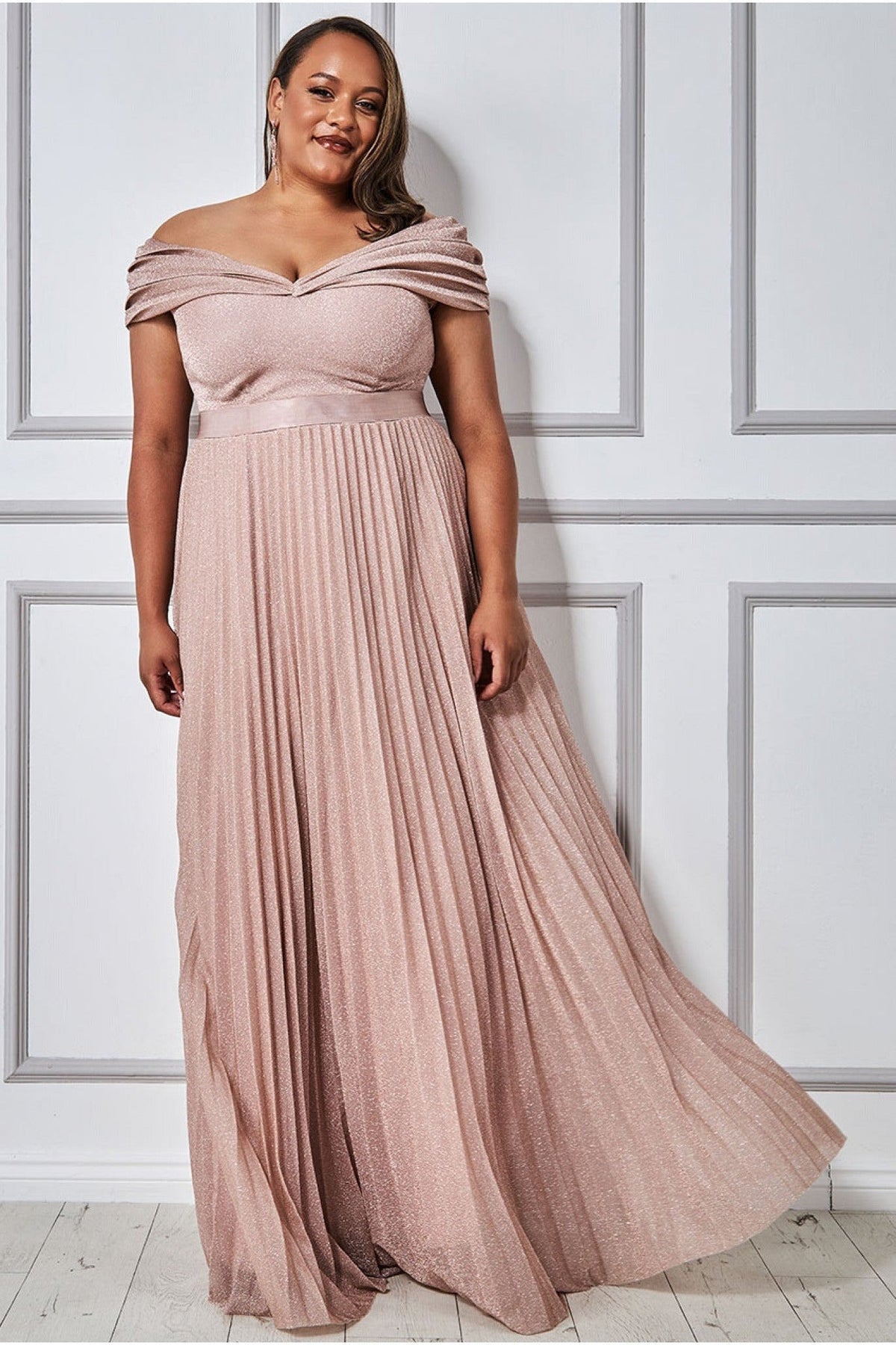 Goddiva Plus Bardot Pleated Skirt Maxi Dress - Blush