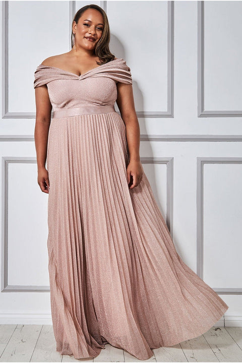 Goddiva Plus Bardot Pleated Skirt Maxi Dress - Blush