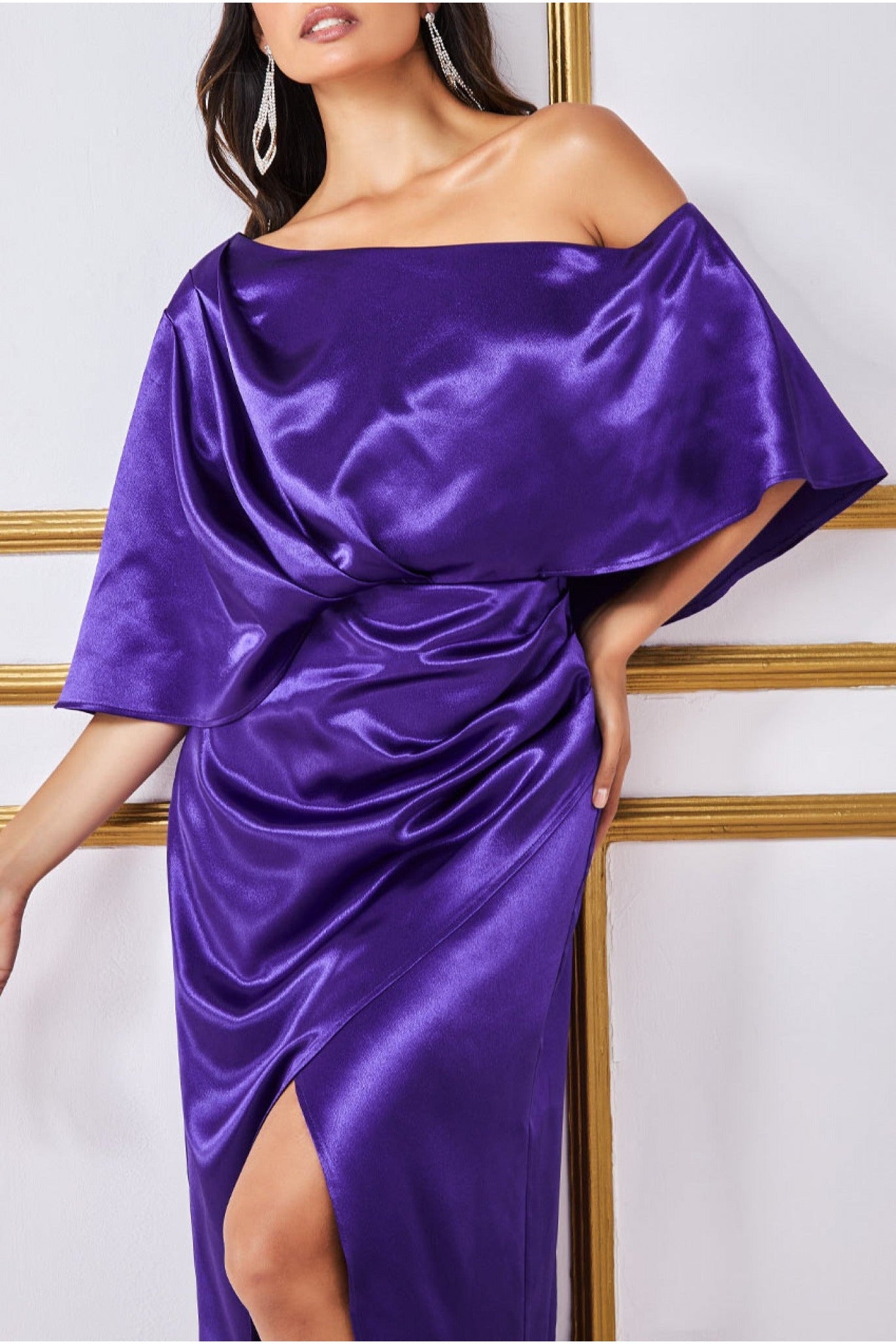 Goddiva Satin Drape Shoulder Wrap Maxi Dress - Purple