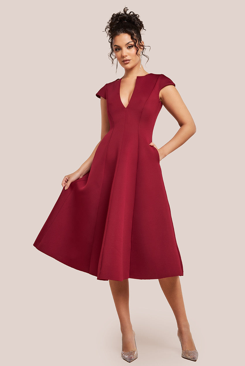 Goddiva Cap Sleeve Plunging V-Neckline A-line Midi Dress - Wine