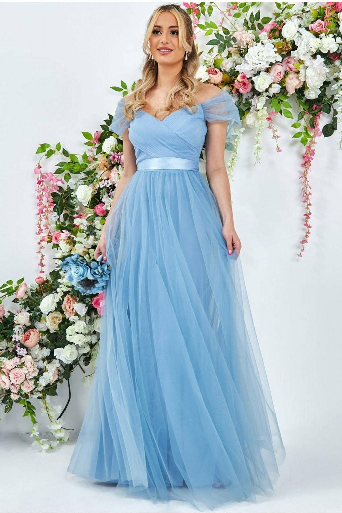 Goddiva Off The Shoulder Princess Maxi Dress - Powder Blue