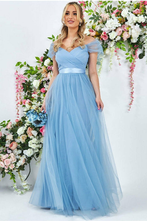 Goddiva Off The Shoulder Princess Maxi Dress - Powder Blue