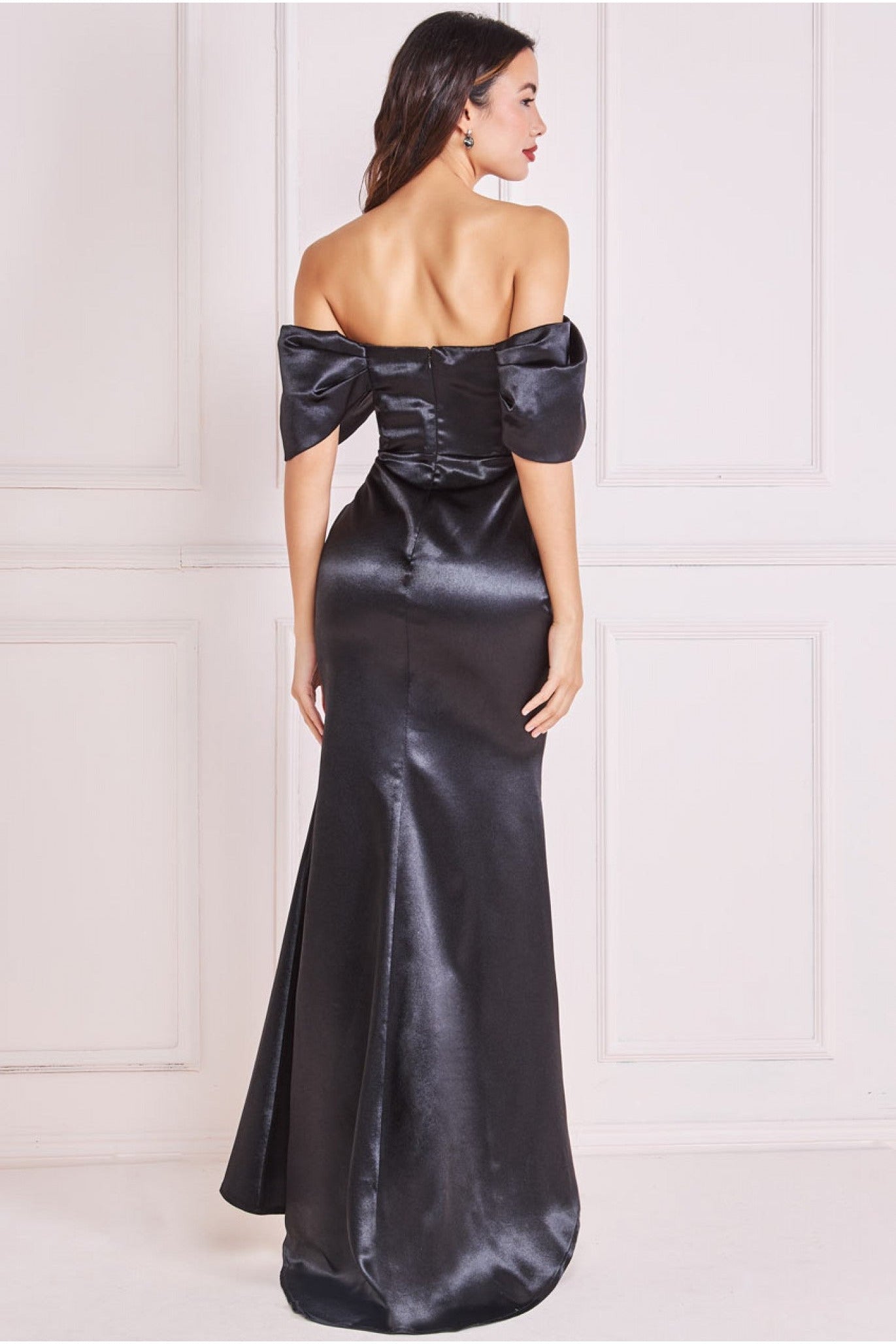 Goddiva Off Shoulder Satin Maxi Dress With V Neck - Black