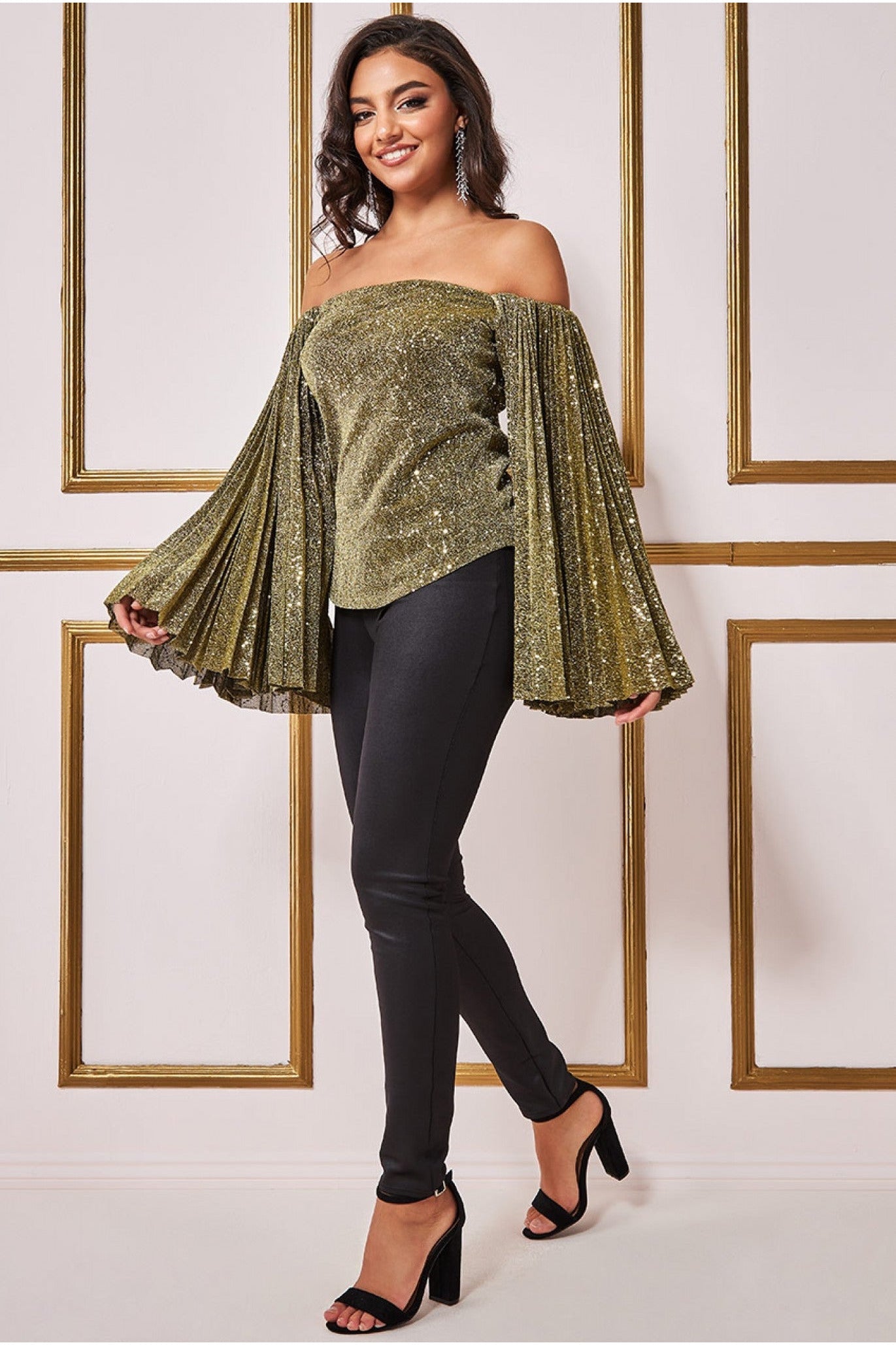 Goddiva Sequin Lurex Bardot Pleated Sleeve Top - Gold