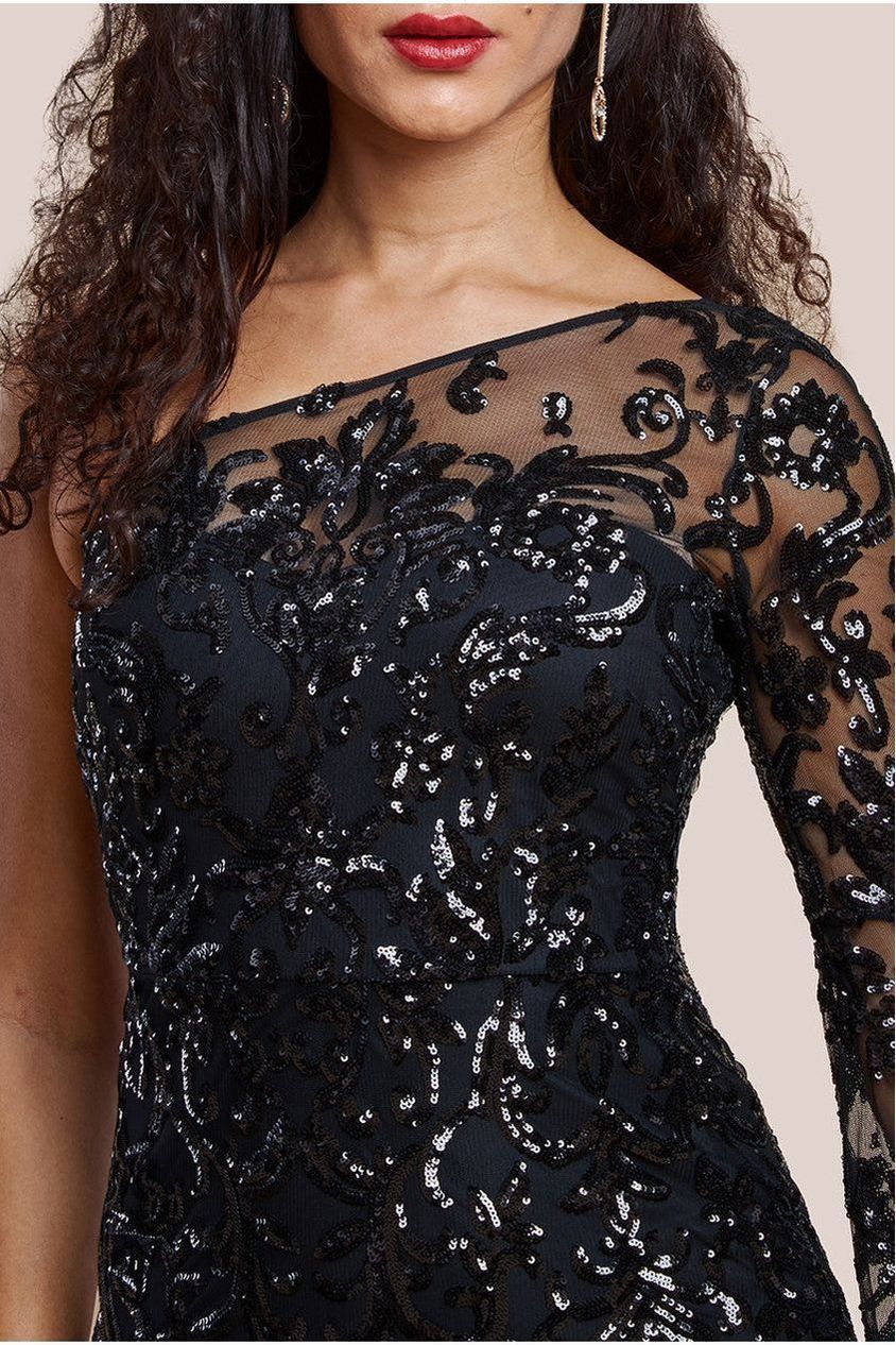 Goddiva Sequin Mesh One Shoulder Evening Maxi Dress - Black