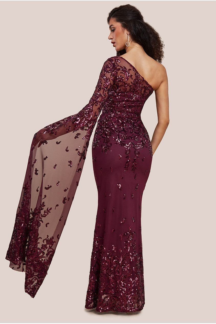 Goddiva Sequin Mesh One Shoulder Evening Maxi - Burgundy