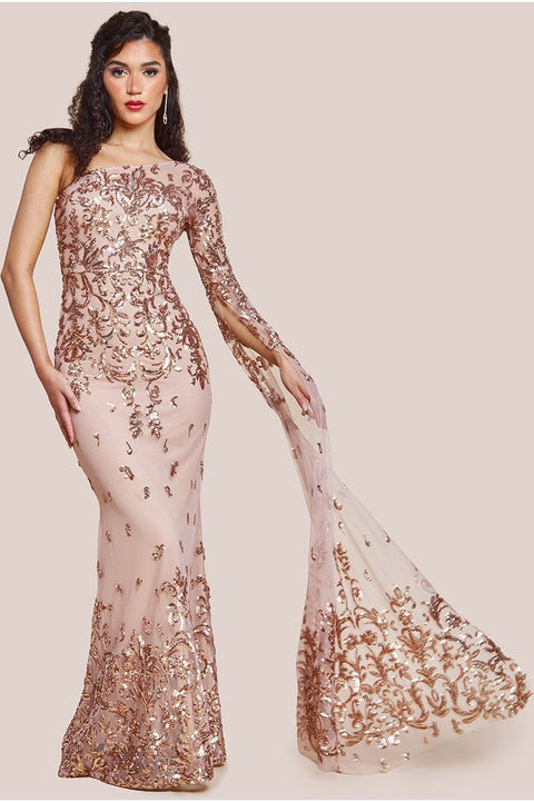 Goddiva Sequin Mesh One Shoulder Evening Maxi Dress - Champagne