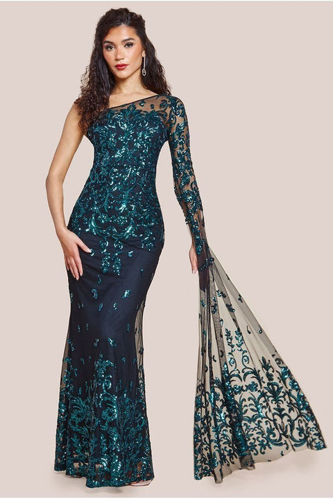 Goddiva Sequin Mesh One Shoulder Evening Maxi Dress - Emerald Green