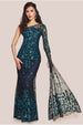 Goddiva Sequin Mesh One Shoulder Evening Maxi Dress - Emerald Green