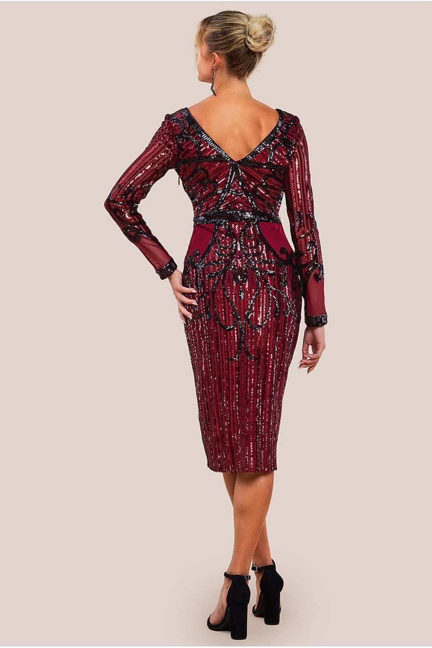 Goddiva Sequin & Mesh Embroidered Midi Dress - Wine