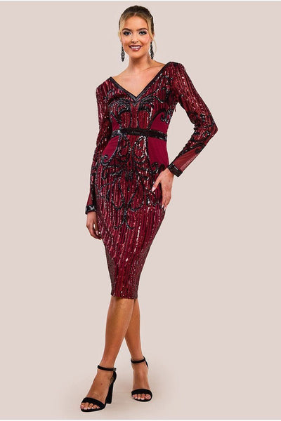 Wine - Goddiva Sequin & Mesh Embroidered Midi Dress - Wine
