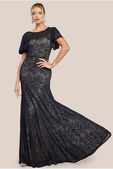 Goddiva Flutter Sleeve Lace A-Line Maxi Dress - Black