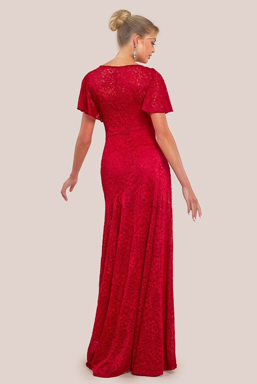 Goddiva Flutter Sleeve Lace A-Line Maxi Dress - Red