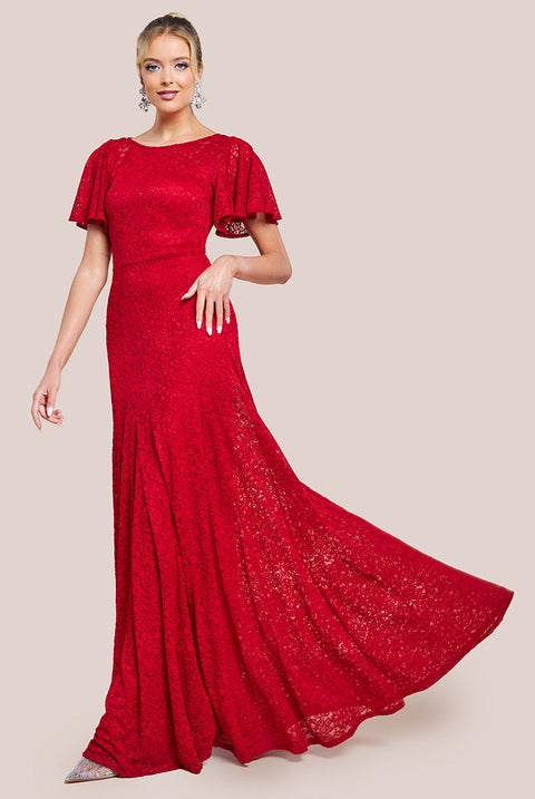 Goddiva Flutter Sleeve Lace A-Line Maxi Dress - Red