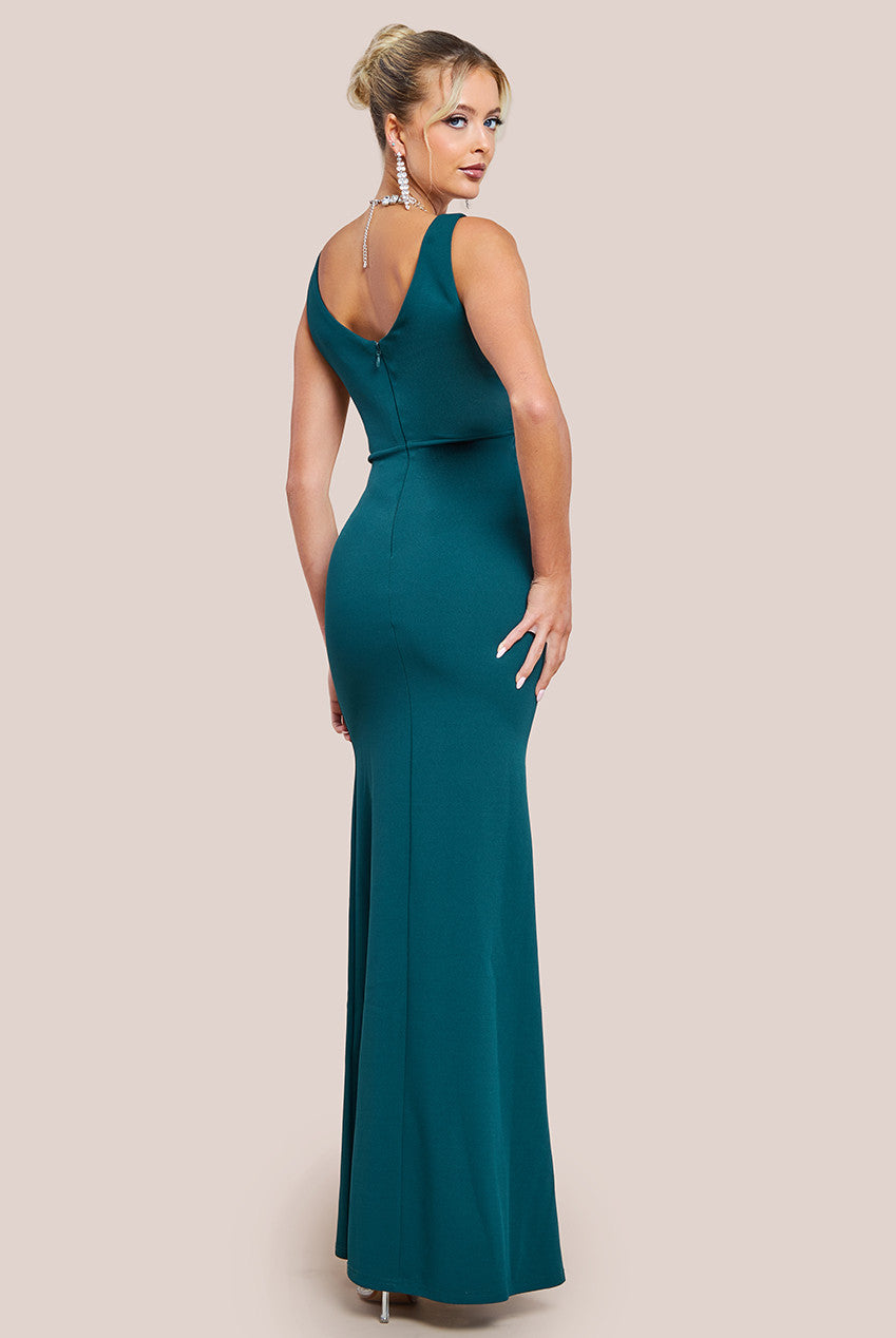 Goddiva Diamante Brooch Thigh Split Mermaid Maxi Dress - Emerald