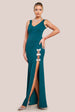 Goddiva Diamante Brooch Thigh Split Mermaid Maxi Dress - Emerald