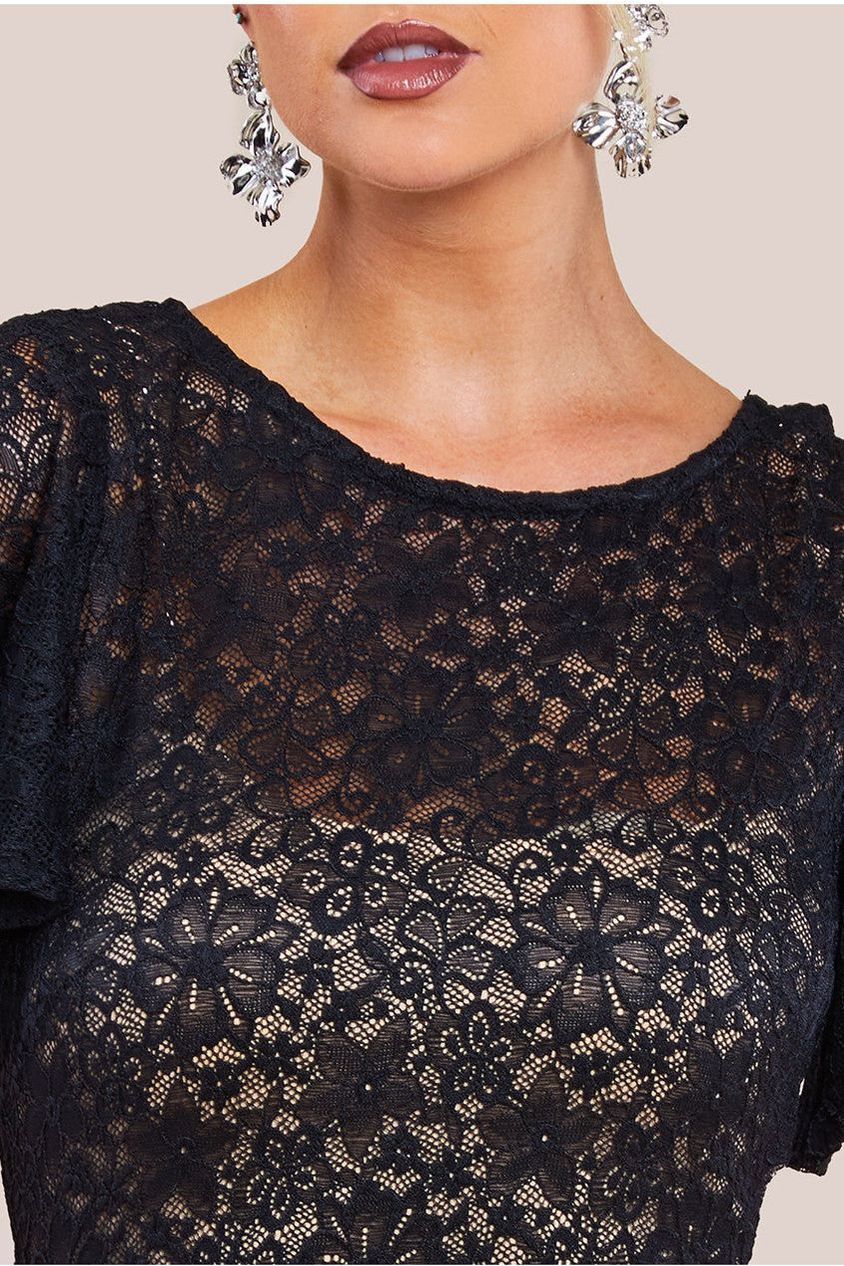 Goddiva Flutter Sleeve Lace A-Line Midi Dress - Black