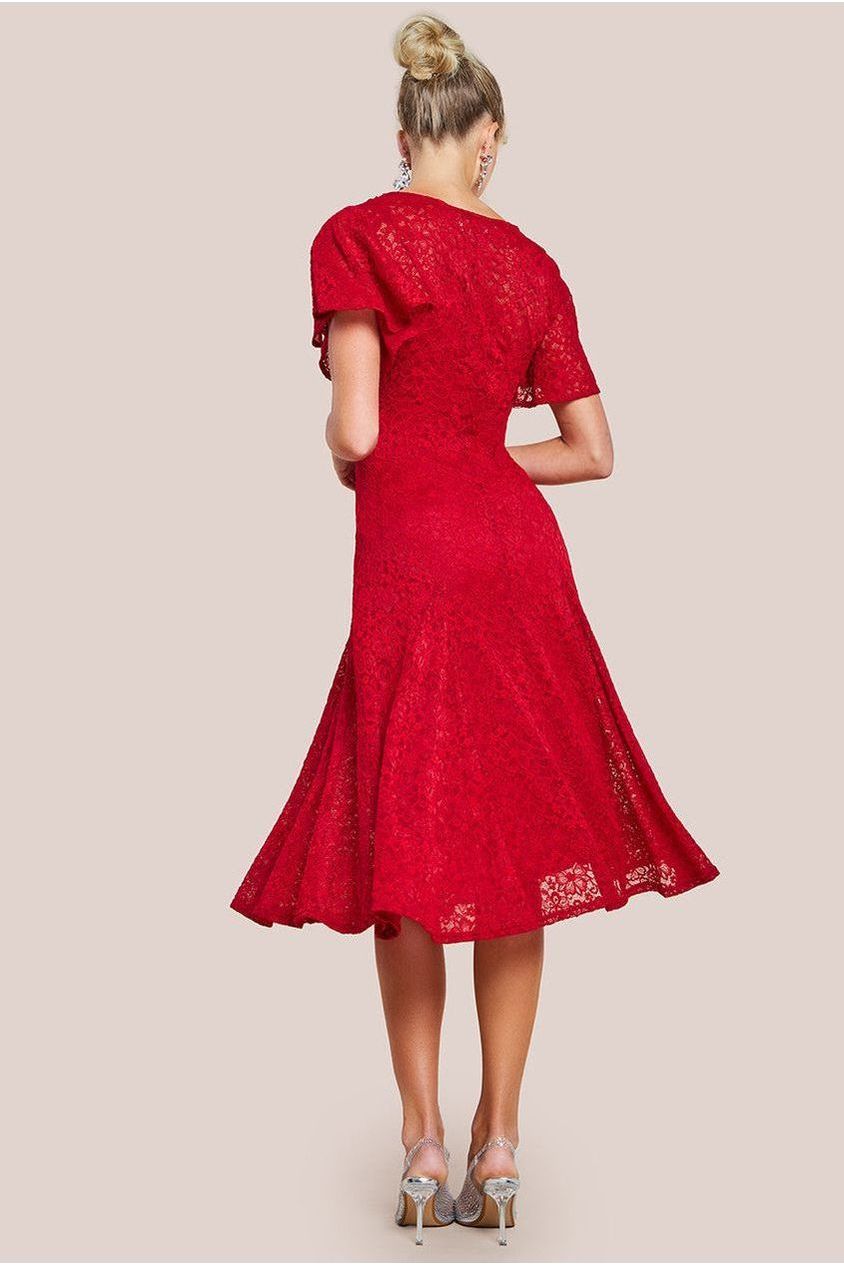 Goddiva Flutter Sleeve Lace A-Line Midi Dress - Red